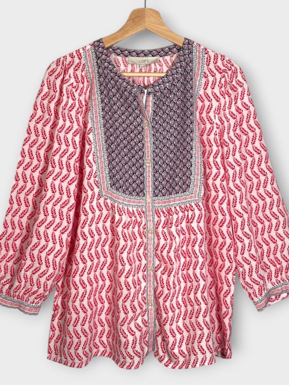 LOFT Button Up Blouse M Balloon Sleeves Red Blue NEW